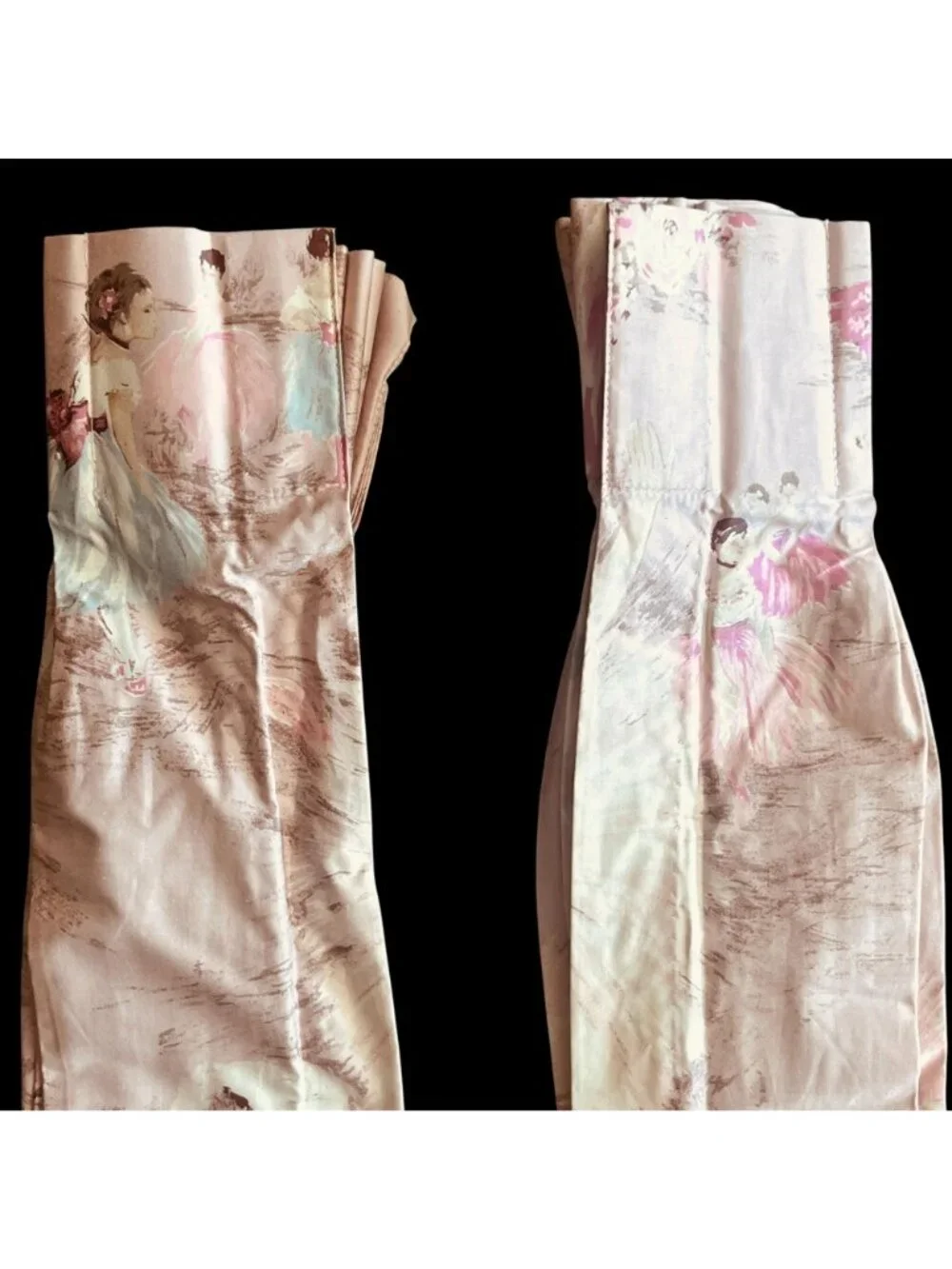 Pair Vintage Pink Ballerina Curtains Cotton Sateen With Pinch Pleats 40x40
